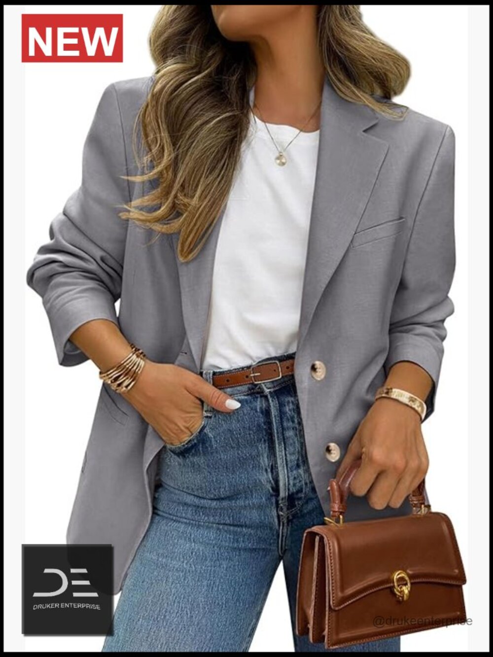 Polyester Blazer with Pockets, Notch Lapel, Open Front, Business Casual